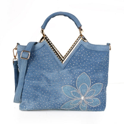 Modische Damen-Denim-Tasche in V-Form mit Diamant-Blumenmuster
