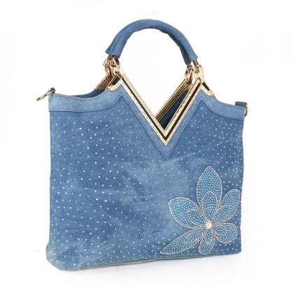 Modische Damen-Denim-Tasche in V-Form mit Diamant-Blumenmuster